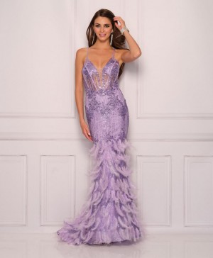 Dave and Johnny 11115 Lilac Prom Dress with Feathers