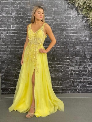 Dave and Johnny 11141 Sheer Corset Yellow Prom Dress