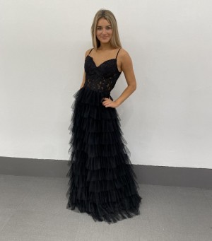 Dave and Johnny 11148 Black Tiered Ruffle Prom Dress