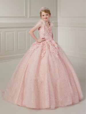 Tiffany Princess 13727 Girls Sparkling Gown with Feathers