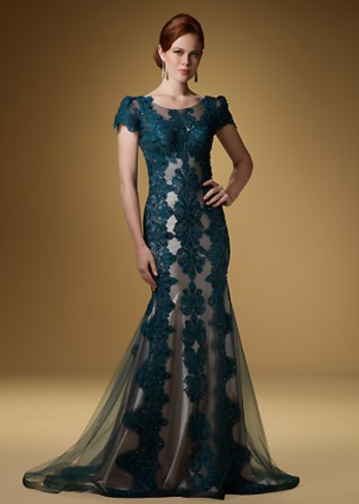 Rina di Montella 1501 Short Sleeve Lace Formal Dress: French Novelty