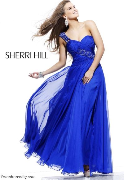 Sherri Hill Royal Blue Long One Shoulder Prom Dress 1528: French Novelty