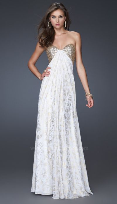 Dresses on La Femme White Gold Sequin Print Prom Dress 15991 Image