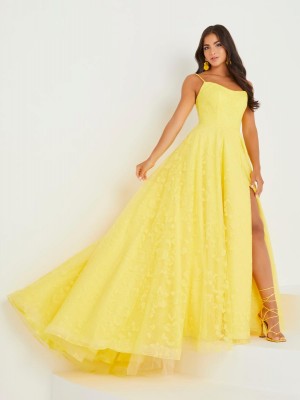 Size 4 Yellow Tiffany Designs 16034 Floral Glitter Prom Dress