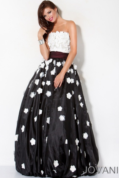 Jovani Black and White Floral Applique Long Prom Dress 171835: French