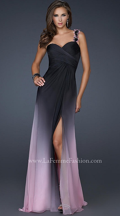 Dresses on La Femme Black Pink Chiffon Prom Dress With Floral Strap 17239 Image