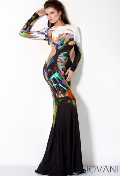 Jovani Long Sleeve Print Evening Dress with Cut-Outs 30033: French ...