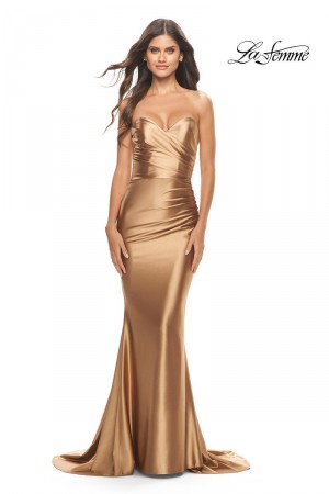 Size 14 Bronze La Femme 31322 Shimmering Liquid Jersey Prom Dress