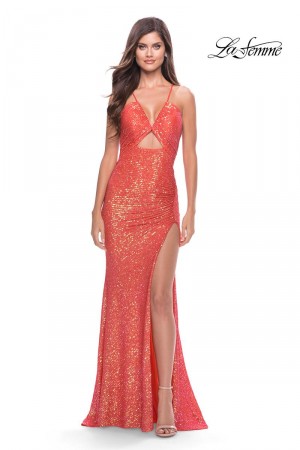 Size 00 Hot Coral La Femme 31449 Sequin Prom Dress with Keyhole
