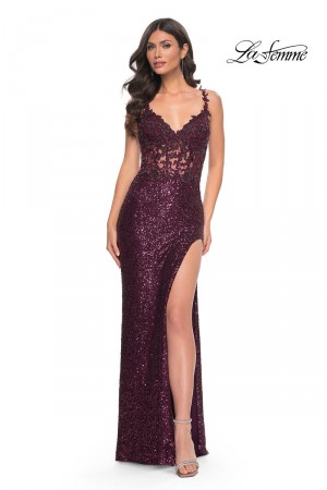 La Femme 31657 Lace Sequin Sheer Corset Prom Dress
