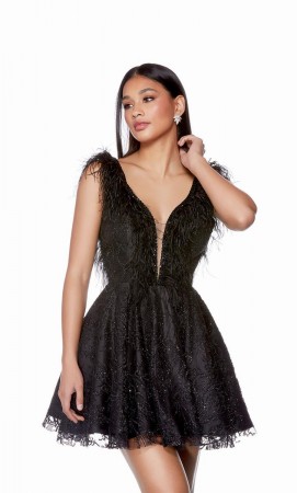 Alyce Paris 3174 Short Glitter Tulle Dress with Feathers