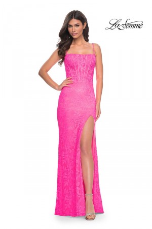 La Femme 32423 Neon Pink Lace Prom Dress