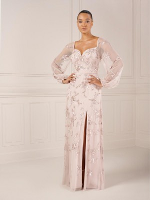 Size 8 Rose Gold Adrianna Papell Platinum 40440 Sheer Long Sleeve Gown