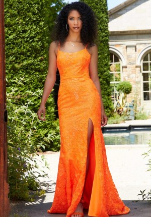 Size 14 Orange Morilee 47038 Sequin Open Back Prom Dress