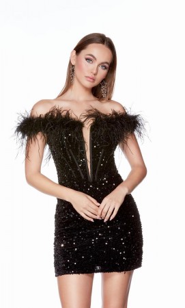 Alyce Paris 4798 Feather Off Shoulder Short Sequin Dress