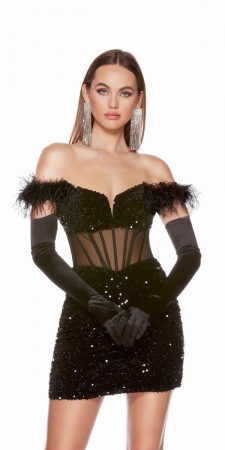 Alyce Paris 4800 Short Sequin Dress with Feathers
