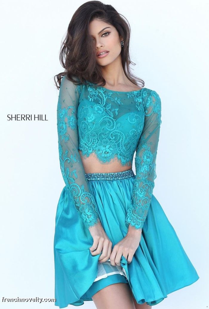 Sherri Hill 50556 Short Dress with Long Lace Sleeves French
