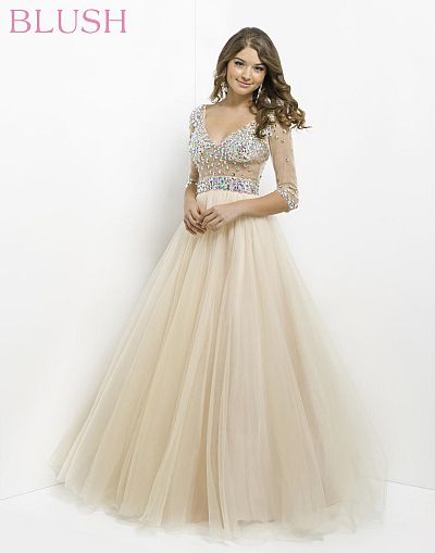 blush evening gown with sleeves