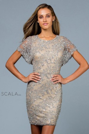 Scala 60162 Flutter Sleeve Short Beaded Dress