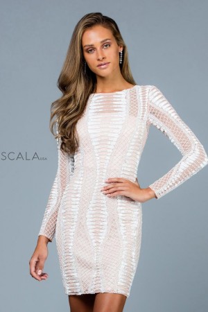 Scala 60185 Long Sleeve Beaded Short Dress
