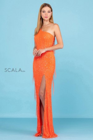 Scala 60285 One Shoulder Sequin Fringe Gown