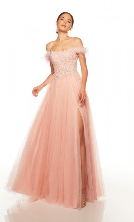 Size 8 French Pink Alyce Paris 61328 Feminine Feather Off Shoulder Gown
