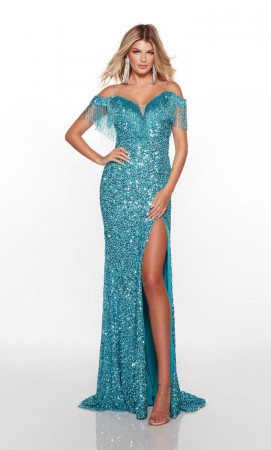 Size 2 Caribbean Alyce Paris 61389 Fringe Off Shoulder Sequin Prom Dress