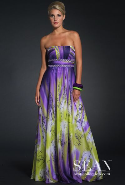 Purple Bridesmaid Dress on Sean Couture Purple Print Silk Prom Dress 70550 Image