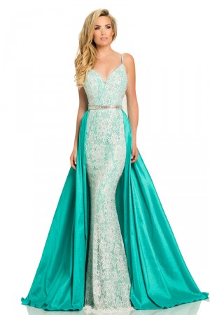 Johnathan Kayne 7242 Stretch Lace Gown with Overskirt