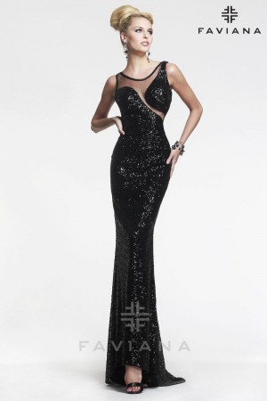 Faviana 7450 Sequin Gown with Asymmetrical Cutout