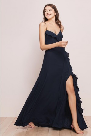 Size 10 Navy Blue Wtoo Danie 754 Ruffle Slit Bridesmaid Dress