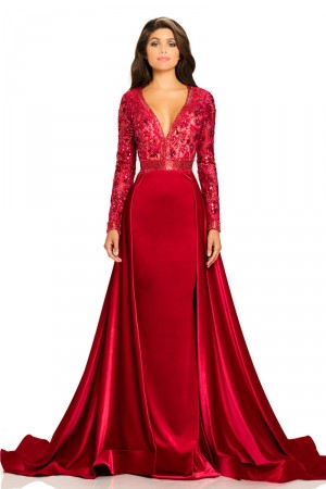 Johnathan Kayne 8013 Velvet Gown with Lace Bodice