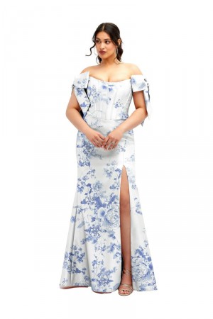 Alfred Sung D854FP Bow Shoulder Floral Bridesmaid Dress