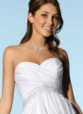 This strapless cocktail length informal wedding dress is made from crinkle 
