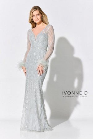 Ivonne D for Mon Cheri ID308 Feather Cuff Long Sleeve Gown