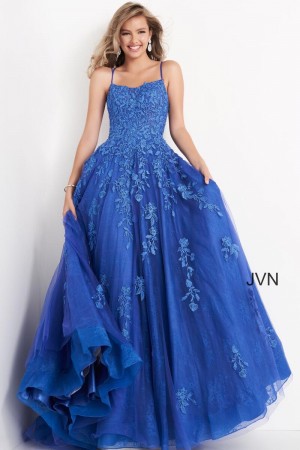 Size 6 Cobalt/Blue JVN by Jovani JVN06644 Embroidered Tulle Gown