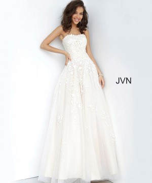 Size 8 Off White/Nude JVN by Jovani JVN1831 Embroidered Ball Gown