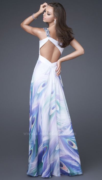 Peacock inspired chiffon print one shoulder prom gown with beaded diagonal