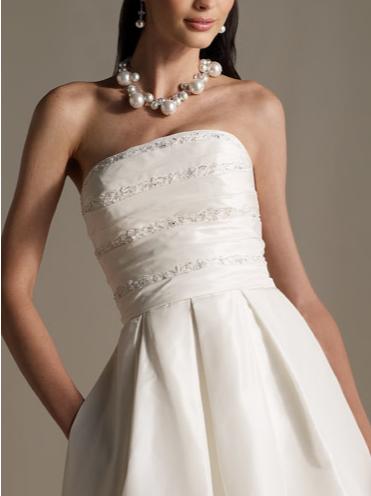 Strapless taffeta Aline destination wedding gown pleated bodice accented 