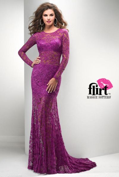 Flirt P2718 Long Sleeve Illusion Lace Evening Gown: French Novelty
