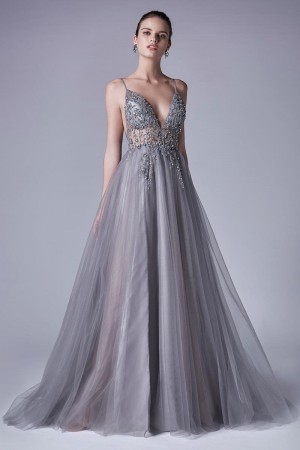 Size 2 Smokey Blue Andrea and Leo Couture A0672 Ophelia Beaded Gown