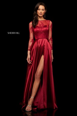 Size 6 Wine Sherri Hill 52765 Sheer Long Sleeve Prom Dress