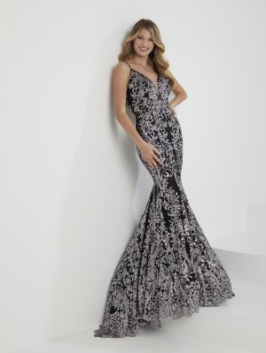 Size 14 Black Silver Christina Wu 16926 Sequin Trumpet Prom Dress