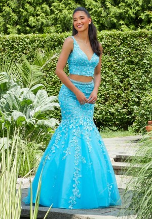 Size 2 Bright Blue Morilee 47035 Beaded 2 Piece Mermaid Dress