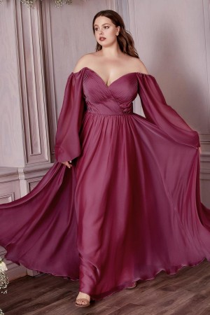 Size 24 Burgundy Ladivine CD243C Long Sleeve Plus Size Gown