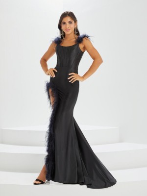 Size 22 Black Tiffany Designs 16027 Stretch Corset Gown with Feathers