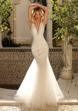 Size 14 Ivory/Nude Jessica McClintock 700202 Lace and Tulle Mermaid Gown