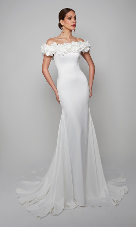 Size 10 Diamond White Alyce Paris 7061 3D Floral Off Shoulder Wedding Gown