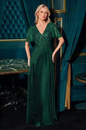 Ladivine CC447 Beaded Satin Short Sleeve Gown