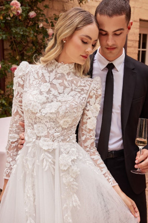 Ladivine CDS433W Long Sleeve Lace Wedding Ball Gown
